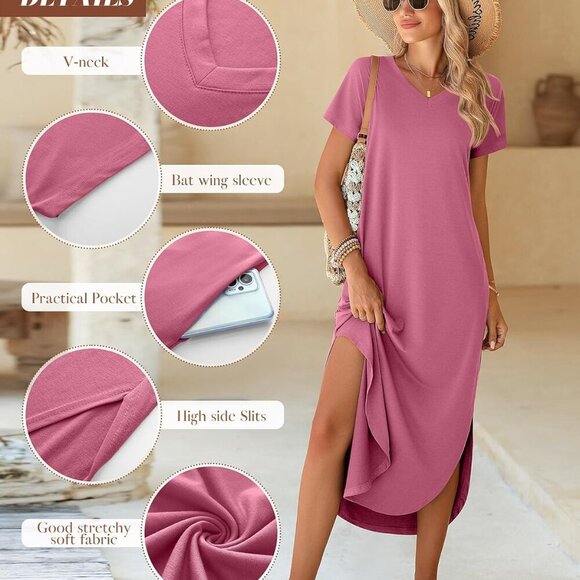 Women's Maxi Dress Polyester Rayon Spandex V-Neck Casual Pockets Summer - Picture 5 of 6